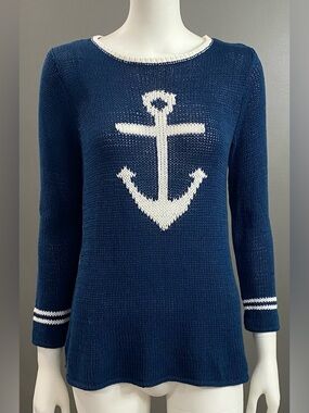 Wooden Ships Navy and White Anchor Crewneck Sweater Size Small